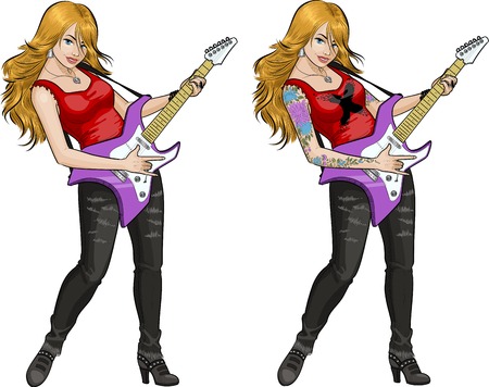 Female rock musician with tattoos playing electric guitar vector illustration in comics styleのイラスト素材