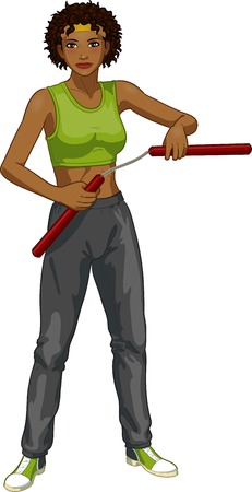 Young healthy African American girl armed with nunchuck in sport uniform vector illustration colored lineartのイラスト素材