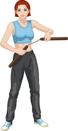 Young healthy Caucasian girl armed with nunchuck in sport uniform vector illustration colored lineartのイラスト素材