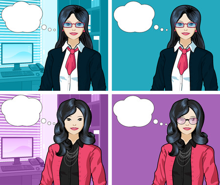 Beautiful businesswoman of Asian ethnicity in office interior pop art comic scene with and without detailed background illustrations variation setのイラスト素材