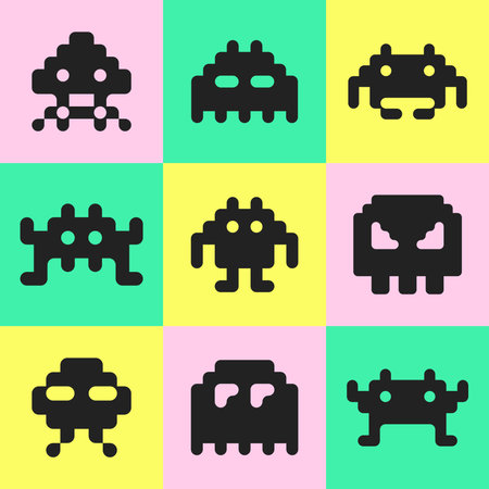 Classic pixel moster robot game icon symbol illustration vector cute mosaic element clip art sticker editableのイラスト素材