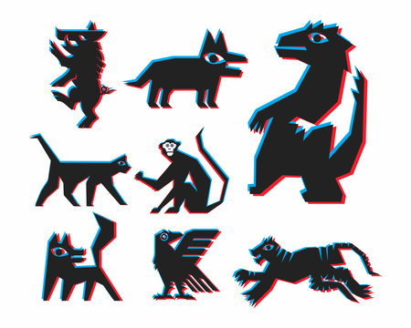 Animals illustration vector geometric collection element clip art tattoo sticker silhouette, pig, falcon, monkey, wolf, cat editableのイラスト素材