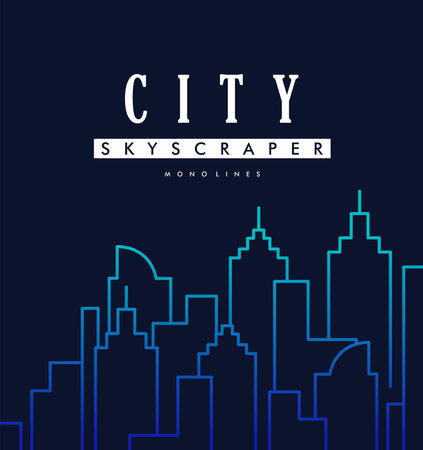 City skyscraper monoline background illustration vector, building, neon, simple, gift card, layout, template, clip art printableのイラスト素材