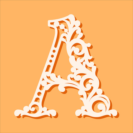 Laser cut template. Initial monogram letters. Fancy floral alphabet letter. May be used for paper cutting. Floral wooden alphabet font letter. Filigree cutout pattern. Vector illustrationのイラスト素材