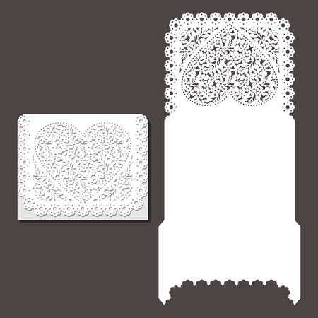 Laser cut envelope template for invitation wedding card. Paper greeting card with lace border. Cut out template for cutting. Suitable for laser cutting.のイラスト素材