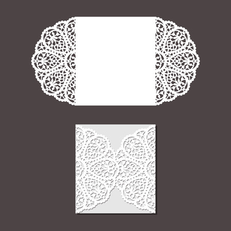 Laser cut envelope template for invitation wedding card. Paper greeting card with lace border. Cut out template for cutting. Suitable for laser cutting.のイラスト素材