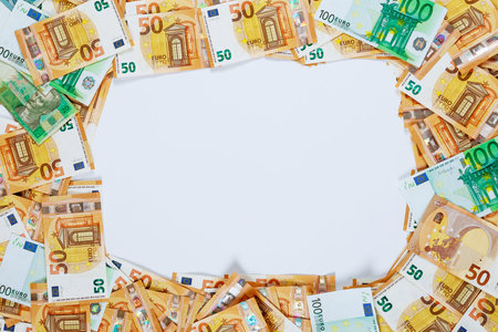 White background for copyspace in frame with EURO notes.の写真素材