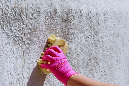 Female hand cleans the carpet with a brush and detergent.の写真素材