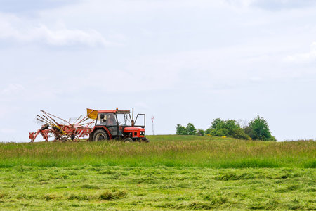 Skutech, Czech Republic, 4 June 2020: A tractor with a rotary rake rakes freshly cut grass for...