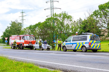 Skutech, Czech Republic, 26 June 2020: Car accident, the car drove off the road. Rescuers and police...