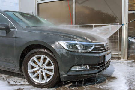 Uzhhorod, Ukraine, 7 August 2019: Self-service car wash. Wash high pressure water and foamのeditorial素材