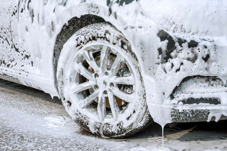 Uzhhorod, Ukraine, 7 August 2019: Self-service car wash. Wash high pressure water and foamのeditorial素材