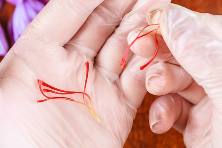 Saffron threads in a female hand. The most expensive spice.
