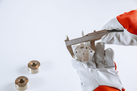 precise measurement of metal parts on a white background using a vernier caliperの写真素材