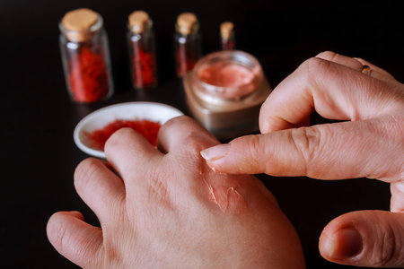 Saffron in a white plate and cosmetic cream on a white background. Cream with saffron extracts.の写真素材
