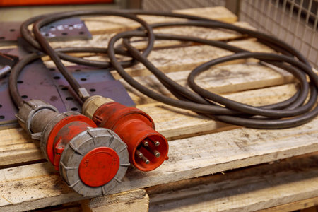 Three-phase plug and socket on a wooden pallet