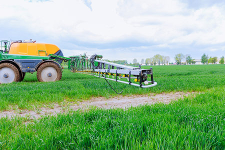 Pesticide spraying of young wheat in the field using a tractor sprayer.の写真素材