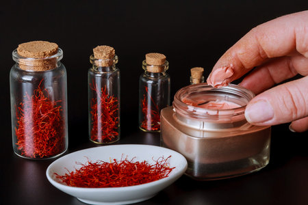 Saffron in a white plate and cosmetic cream on a black background. Cream with saffron extracts.