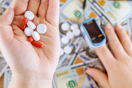 Treatment with pills kovid 19 at low saturation. Measuring the pulse with an oxygen oximeter in the...