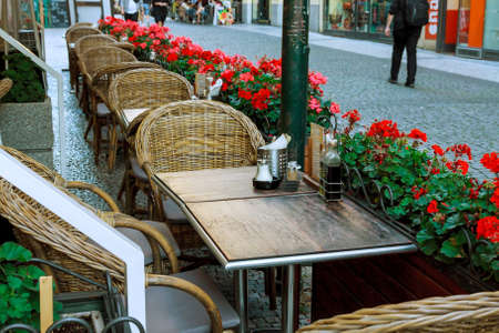 Empty street terrace in a cafe in the city center.の写真素材