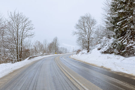 On the road there is ice, the track is snowy. Frosty winter. Trees in the snow.の写真素材
