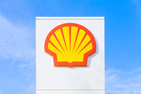 20 January 2021 Pardubice, Czech Republic: The Shell brand at the gas station of a well-known company. oil industry.のeditorial素材