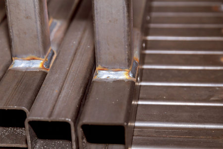 Metal square profiles welded in the frame. Welded metal profile in the workshop.