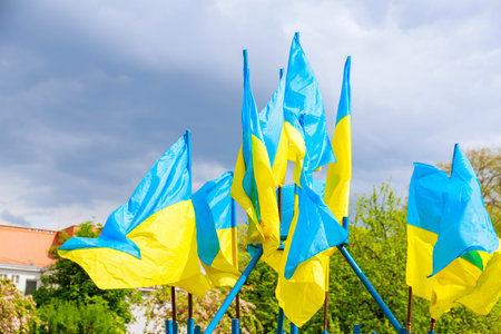 Flags of Ukraine on a background of green trees and blue sky on a windy day. The state symbol of Ukraine.の写真素材