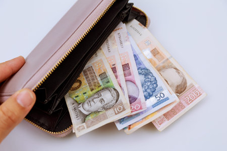 Croatian kunas in a pink wallet of different denominations on a white background.