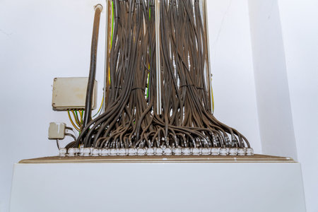 Many power cables enter the electrical panel in a large enterprise.