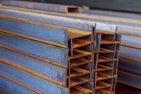 The stack of rolled metal is at the factory, overlooking the steel profile. heavy metallurgy.