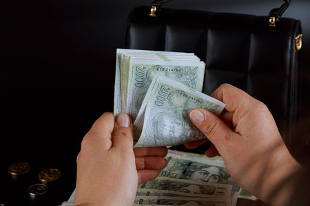 A woman banker counts the crowns on the background of a black bag. Czech national currency in...