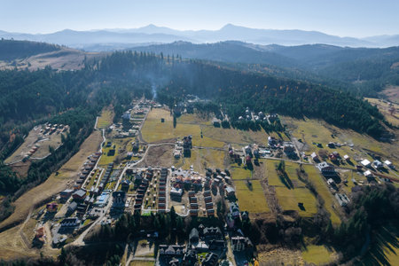 A panoramic view from the top of a recreation base in a mountainous area.の写真素材