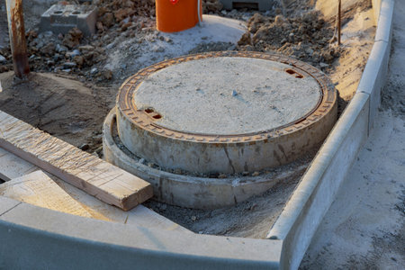 The installation of sewer hatches and rain catcher grids on the sidewalk.の写真素材