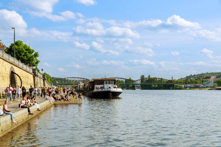 22 May 2022 Prague, Czech Republic. Pragues waterfront is a hub of activity.