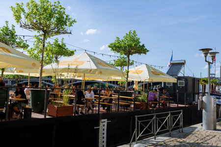 People resting on the terrace in the fresh air, tourists resting.のeditorial素材