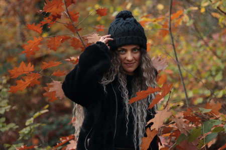 Autumn picture young ladyの写真素材