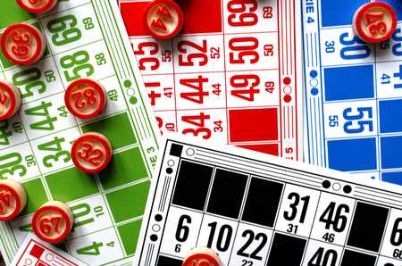 colored bingo cards with number ballsの写真素材