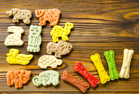 Delicious chewing colored bones and zoological biscuits  for dogs with different tastes on wooden backgroundの写真素材