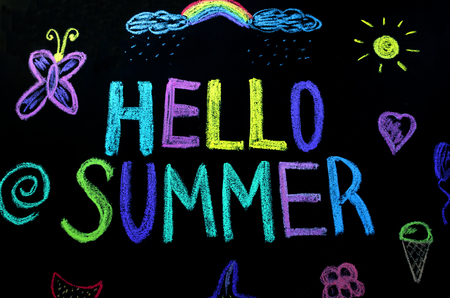 colored text hello summer on blackboardの写真素材