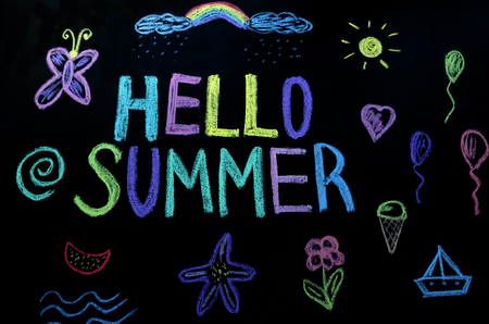 colored text hello summer on blackboardの写真素材