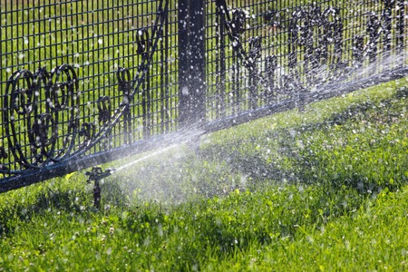 Lawn sprinkler spraying water over green grass and metal fence. Irrigation system - technique of watering in the garden.の写真素材