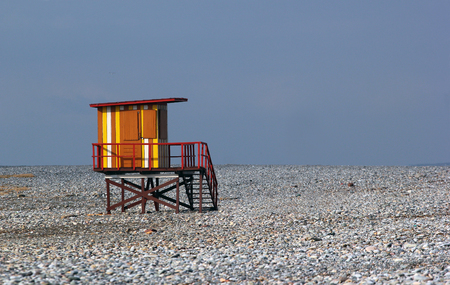 Colorful lifeguard house on empty winter beach in Batumi, Georgiaの写真素材