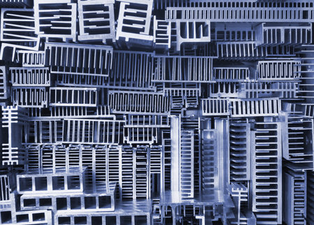 Old aluminum heatsinks as abstract background, blue toned