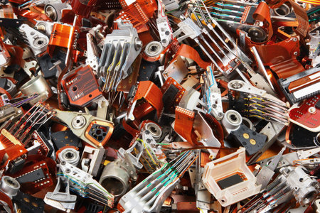 Demolished old hard drive parts as industrial waste background