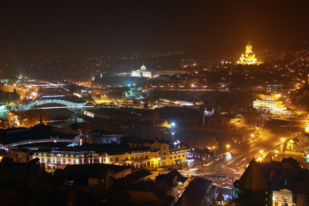 City of Tbilisi, capital of Georgia. View from Narikala fortress to central Avlabari district at night.のeditorial素材