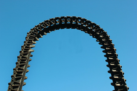 tank track shoe on blue sky backgroundの写真素材