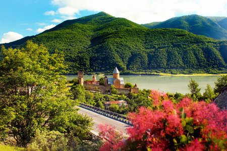 Castle complex with church on Aragvi river, Ananuri, Georgiaのeditorial素材