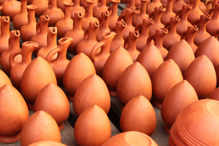 Traditional handmade pottery on display at street market in Tbilisi, Georgia