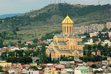 Tsminda Sameba (Holy Trinity) cathedral - the biggest church in Tbilisi, Georgiaの写真素材
